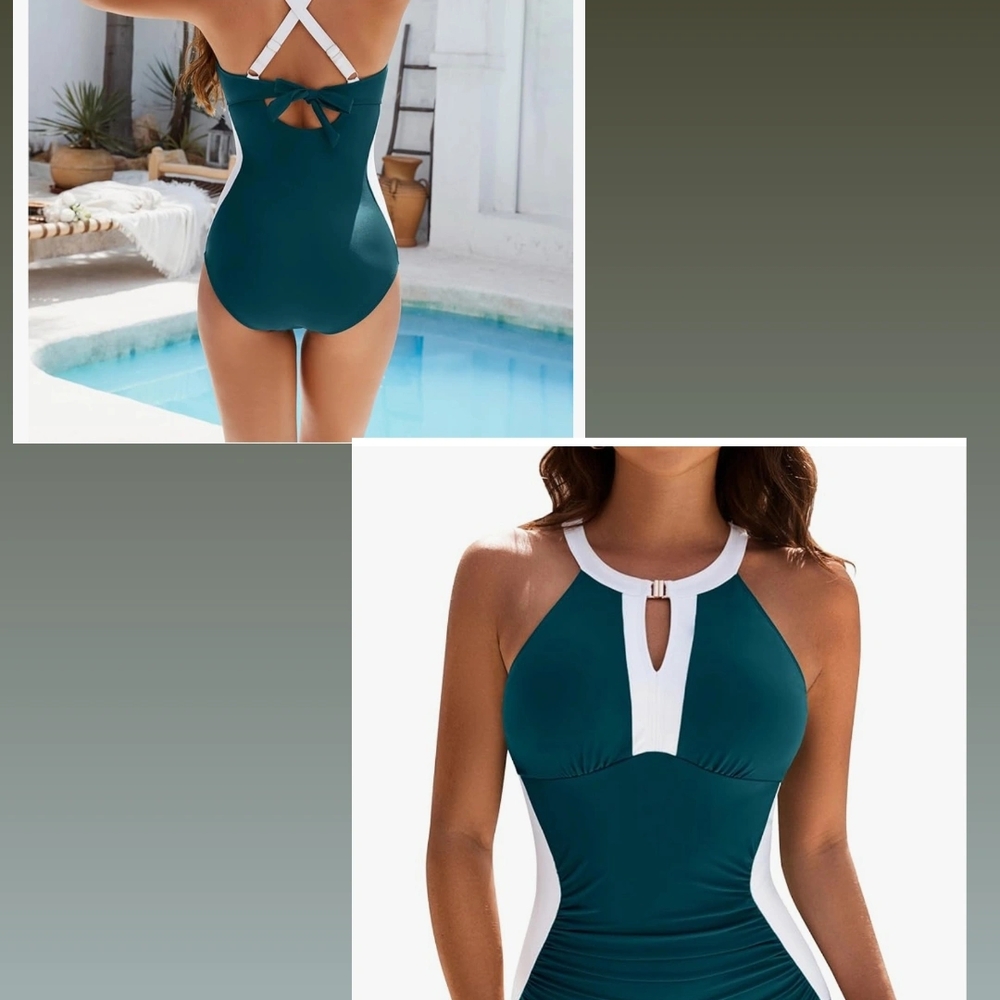 Elegant Teal and White One-Piece Swimsuit